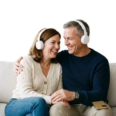 A couple sharing a happy moment while listening to music