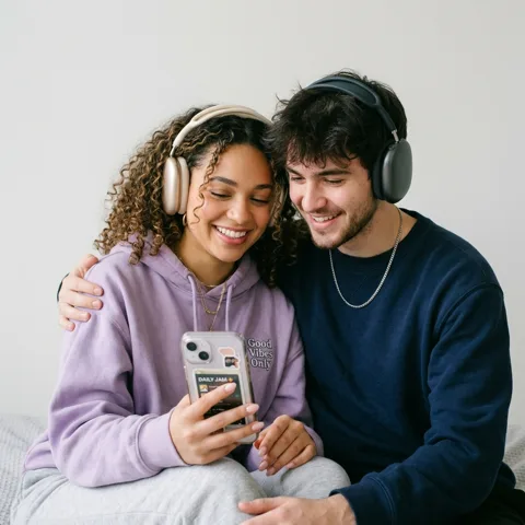 A couple sharing headphones and enjoying a song together